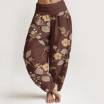 Buddha Stones Pure Cotton Vintage Floral Leaf Pattern Women's Elastic Waist Harem Pants