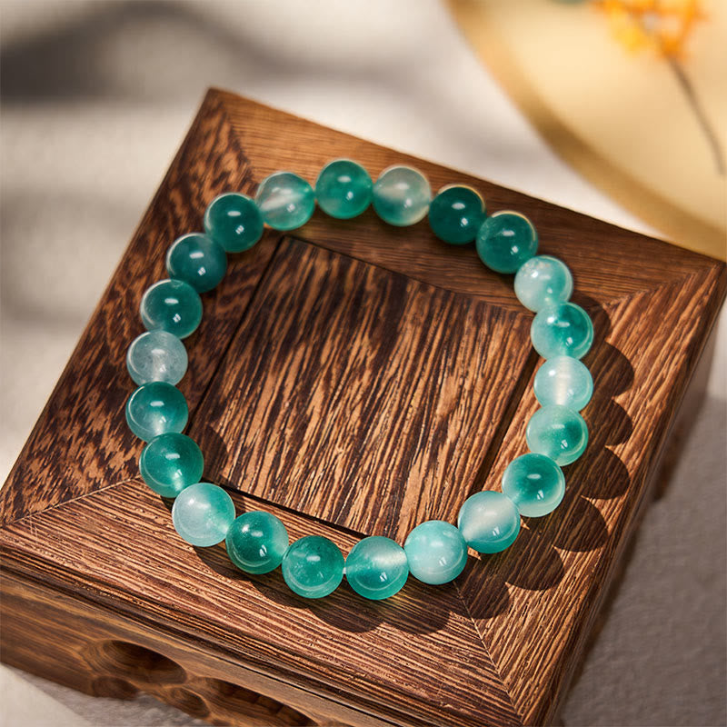 Buddha Stones White Chalcedony Emotional Balance Blue Floral Round Bead Bracelet