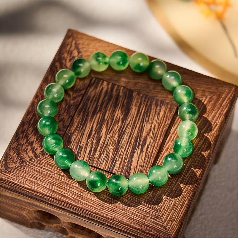 Buddha Stones White Chalcedony Healing Green Floating Flower Round Beaded Bracelet