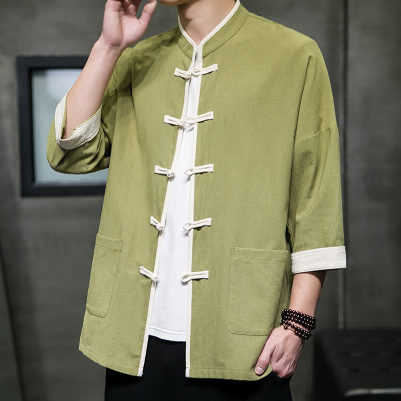 Buddha Stones Summer Tang Style Mandarin Collar Color Blocking Frog Button Men's Short Sleeve Shirts With Pockets