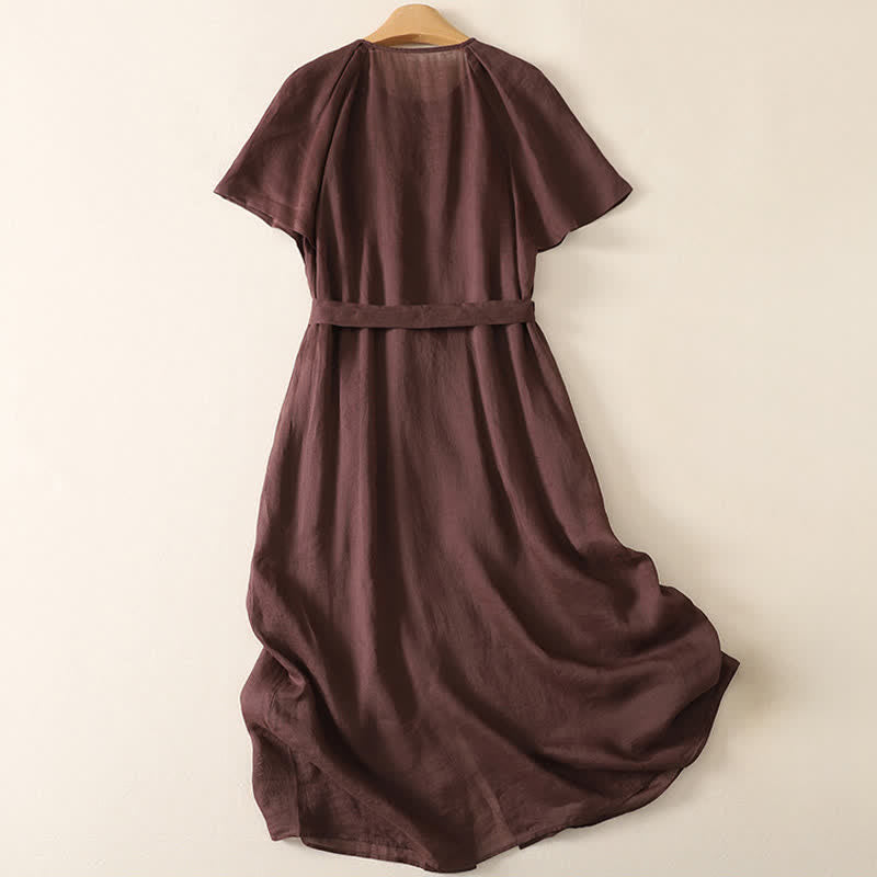 Buddha Stones Summer Vintage Button-Up Solid Women's Short Sleeve Midi Dress With Pockets