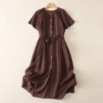 Buddha Stones Summer Vintage Button-Up Solid Women's Short Sleeve Midi Dress With Pockets