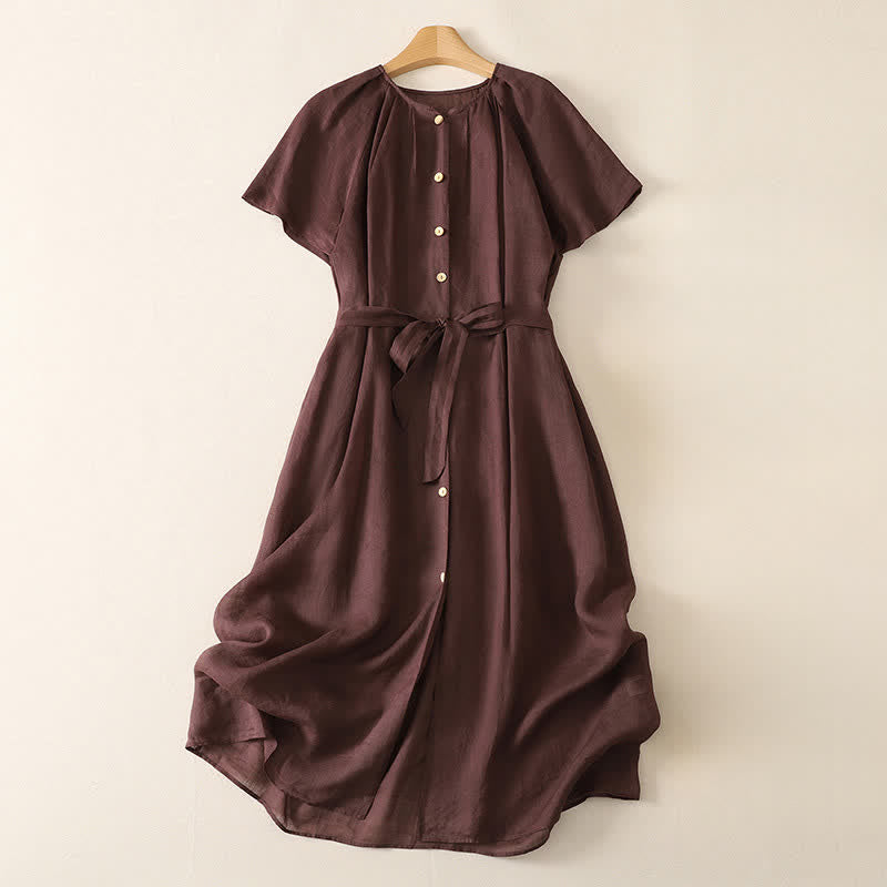 Buddha Stones Summer Vintage Button-Up Solid Women's Short Sleeve Midi Dress With Pockets