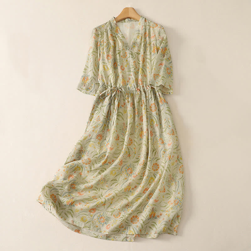 Buddha Stones Summer Boho Drawstring Floral Women's Short Sleeve Dress With Pocket