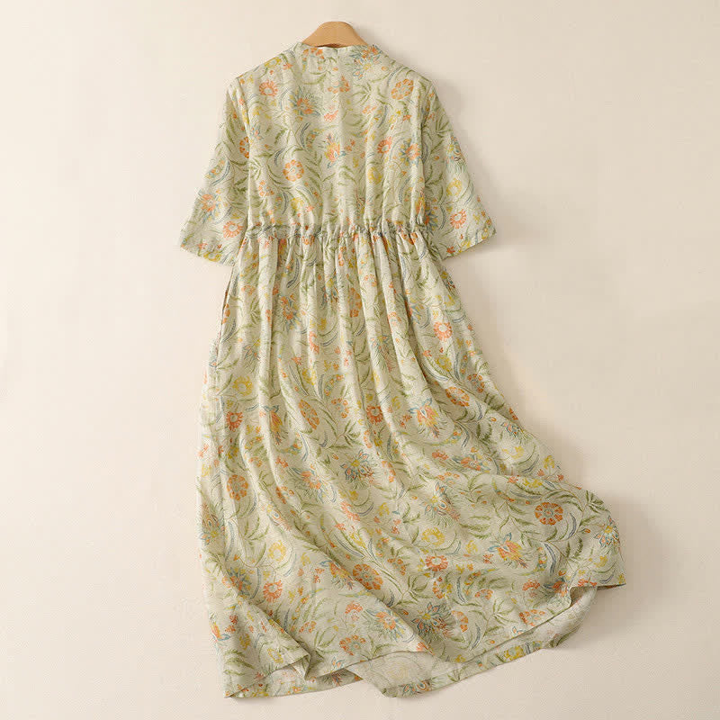 Buddha Stones Summer Boho Drawstring Floral Women's Short Sleeve Dress With Pocket
