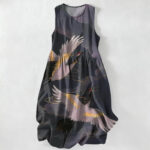 Buddha Stones Summer Casual Flying Crane Wave Pattern Women's Summer Sleeveless Midi Dress With Pockets