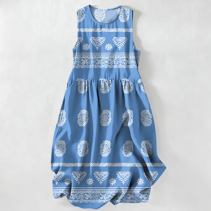 Buddha Stones Summer Casual Geometric Medallion Stripe Pattern Women's Summer Sleeveless Midi Dress With Pockets