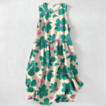 Buddha Stones Summer Casual Green Floral Hearts Pattern Women's Summer Sleeveless Midi Dress With Pockets