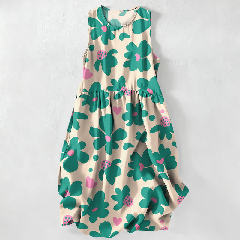 Buddha Stones Summer Casual Green Floral Hearts Pattern Women's Summer Sleeveless Midi Dress With Pockets