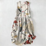 Buddha Stones Summer Casual Crane Plum Blossom Pattern Women's Summer Sleeveless Midi Dress With Pockets