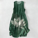 Buddha Stones Summer Casual Lotus Bloom Pattern Women's Summer Sleeveless Midi Dress With Pockets