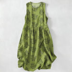 Buddha Stones Summer Casual Botanical Leaves Pattern Women's Summer Sleeveless Midi Dress With Pockets