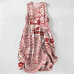 Buddha Stones Summer Casual Seigaiha Floral Pattern Women's Summer Sleeveless Midi Dress With Pockets