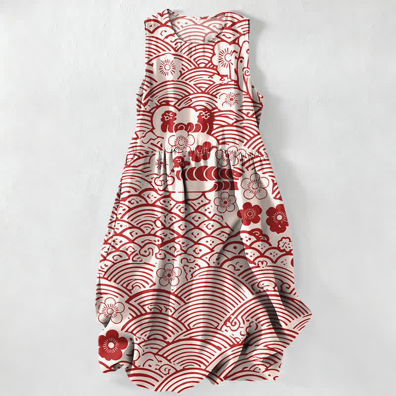 Buddha Stones Summer Casual Seigaiha Floral Pattern Women's Summer Sleeveless Midi Dress With Pockets