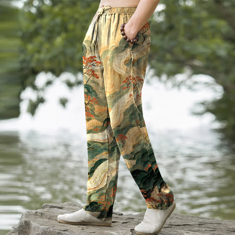 Buddha Stones Cotton Floral Mountain And River Pattern Men's Tapered Pants With Pockets