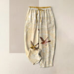 Buddha Stones Pure Cotton Cloud and Flying Bird Pattern Women's Elastic Waist Pants With Pockets