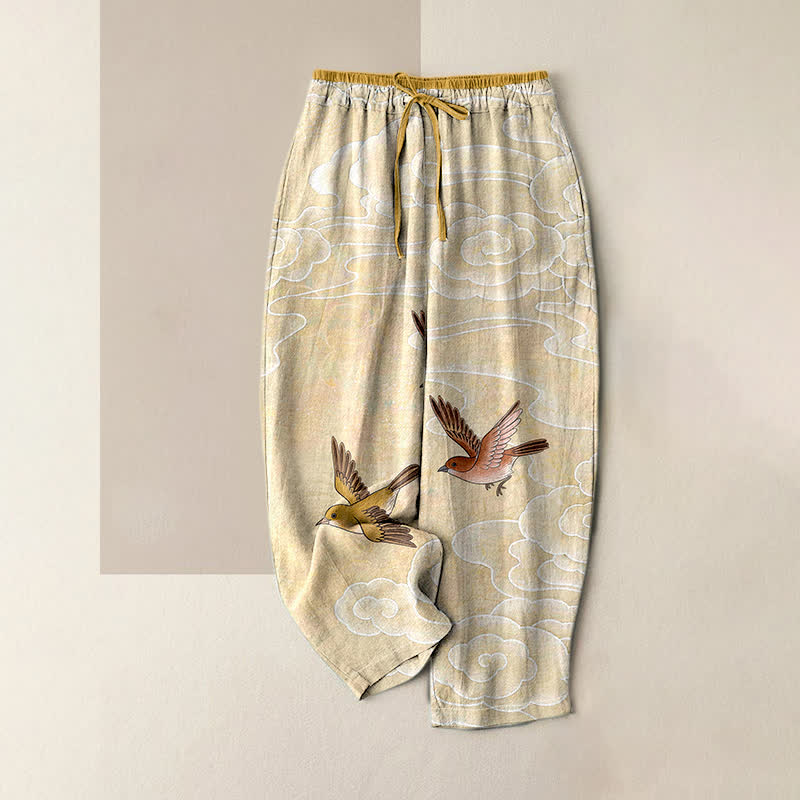 1778838741_bac7275e-b83b-400c-bc9e-020b0fd556a7 Buddha Stones Pure Cotton Cloud and Flying Bird Pattern Women's Elastic Waist Pants With Pockets - Image 1