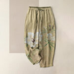 Buddha Stones Pure Cotton White Floral Leaf Pattern Women's Elastic Waist Pants With Pockets