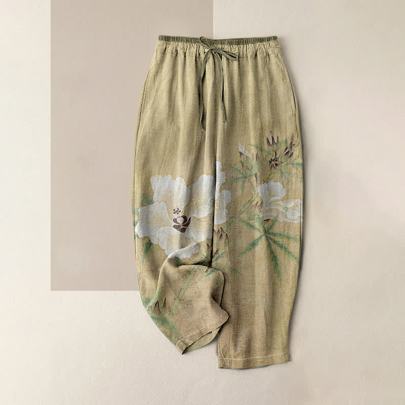 1778838765.jpg Buddha Stones Pure Cotton White Floral Leaf Pattern Women's Elastic Waist Pants With Pockets