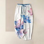 Buddha Stones Pure Cotton Watercolor Lotus Pattern Women's Elastic Waist Pants With Pockets