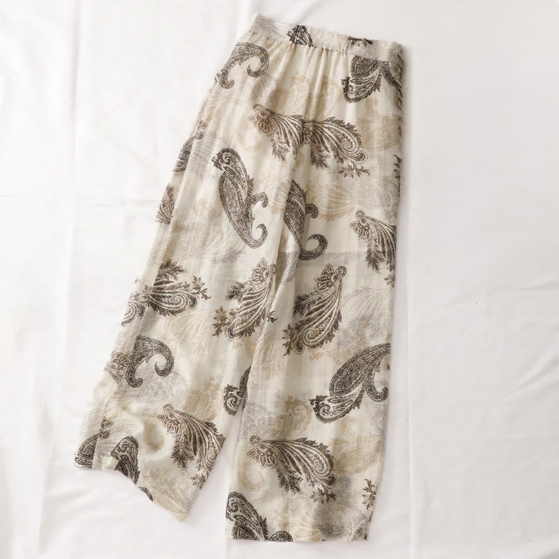 Buddha Stones Summer Boho Casual Paisley Zipper Design Ankle Women's Straight Leg Pants With Pockets
