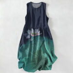 Buddha Stones Summer Casual Lotus Pond Pattern Women's Summer Sleeveless Midi Dress With Pockets