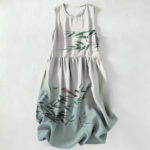 Buddha Stones Summer Casual Bamboo Bird Pattern Women's Summer Sleeveless Midi Dress With Pockets