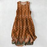 Buddha Stones Summer Casual Bohemian Geometric Floral Border Pattern Women's Summer Sleeveless Midi Dress With Pockets