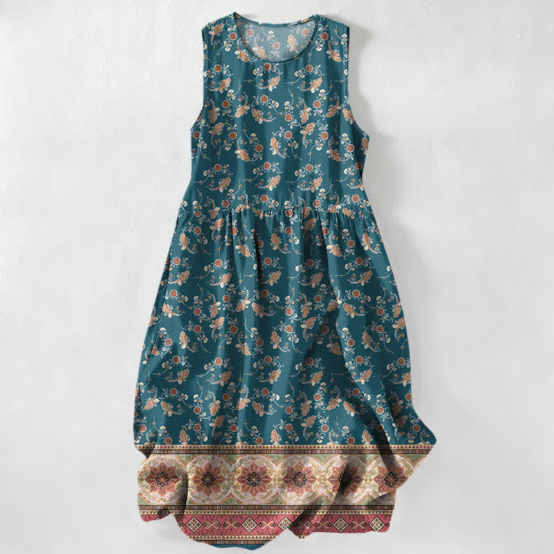 Buddha Stones Summer Casual Floral Vine Border Pattern Women's Summer Sleeveless Midi Dress With Pockets