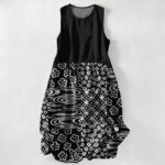 Buddha Stones Summer Casual Wave Floral Patchwork Pattern Women's Summer Sleeveless Midi Dress With Pockets