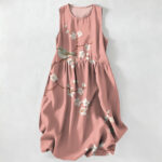 Buddha Stones Summer Casual Blossom Bird Branches Pattern Women's Summer Sleeveless Midi Dress With Pockets