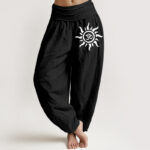 Buddha Stones Pure Cotton Sun Om Pattern Women's Elastic Waist Harem Pants
