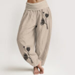 Buddha Stones Pure Cotton Botanical Pattern Women's Elastic Waist Harem Pants