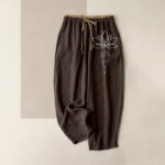 Buddha Stones Pure Cotton Zen Lotus Pattern Women's Elastic Waist Pants With Pockets