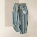 Buddha Stones Pure Cotton Zen White Bamboo Pattern Women's Elastic Waist Pants With Pockets