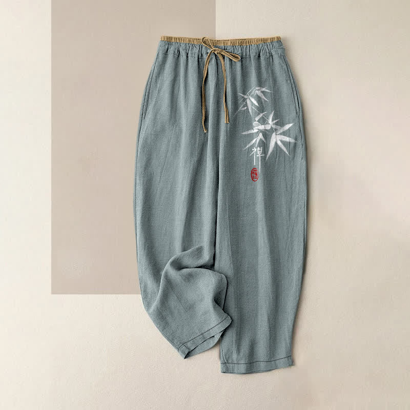1779176521.jpg Buddha Stones Pure Cotton Zen White Bamboo Pattern Women's Elastic Waist Pants With Pockets