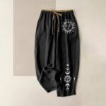 Buddha Stones Pure Cotton Celestial Sun Moon & Star Pattern Women's Elastic Waist Pants With Pockets