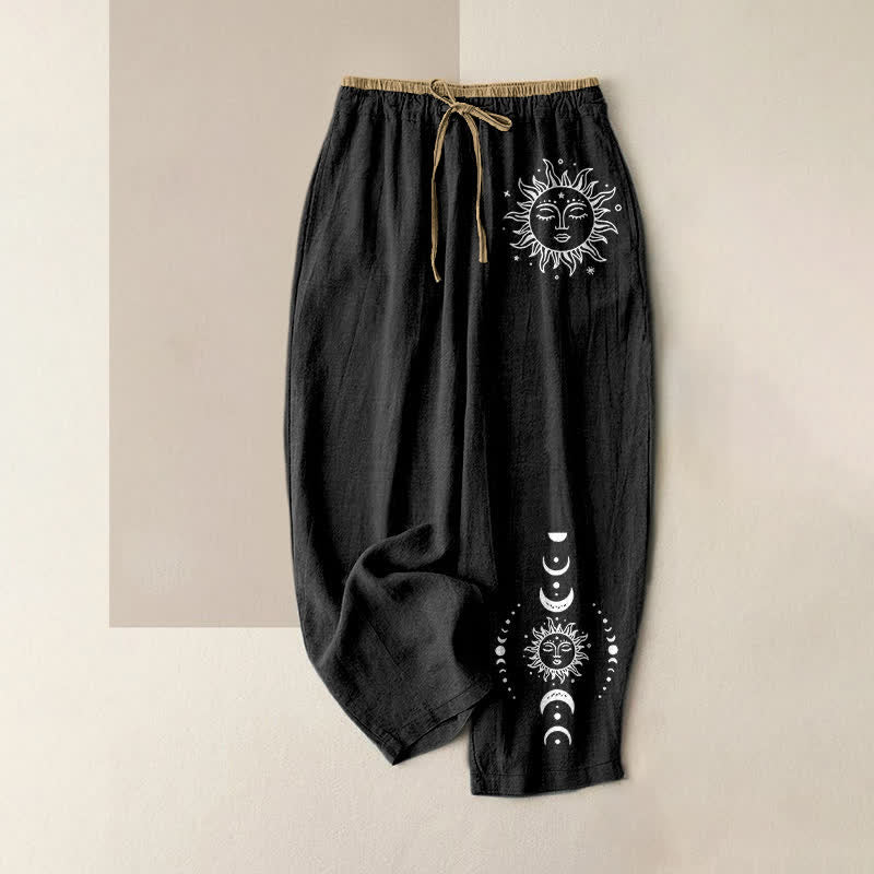 1779176566.jpg Buddha Stones Pure Cotton Celestial Sun Moon & Star Pattern Women's Elastic Waist Pants With Pockets