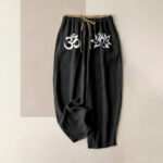 Buddha Stones Pure Cotton White OM And Lotus Pattern Women's Elastic Waist Pants With Pockets
