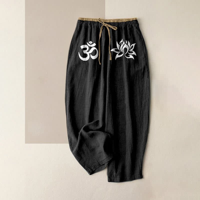 1779176612 Buddha Stones Pure Cotton White OM And Lotus Pattern Women's Elastic Waist Pants With Pockets - Image 1