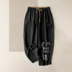 Buddha Stones Pure Cotton Whimsical Cat Pattern Women's Elastic Waist Pants With Pockets