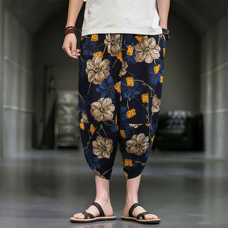 Buddha Stones Summer Casual Boho Floral Capri Pants Men's Tapered Pants With Pockets