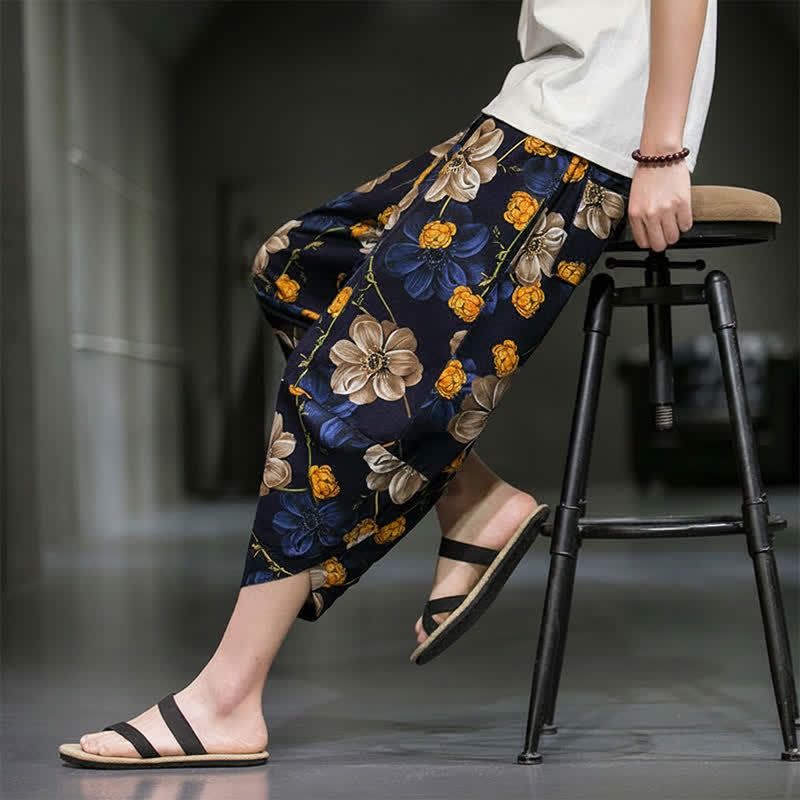 Buddha Stones Summer Casual Boho Floral Capri Pants Men's Tapered Pants With Pockets