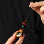 Buddha Stones Green Sandalwood Bagua Yin Yang Protection Gourd Phone Hanging Decoration