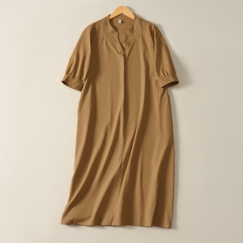 Buddha Stones Summer Minimalist Simple Solid Women's Short Sleeve Dresses With Pocket