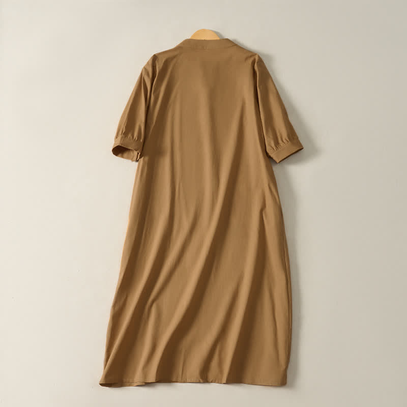 Buddha Stones Summer Minimalist Simple Solid Women's Short Sleeve Dresses With Pocket