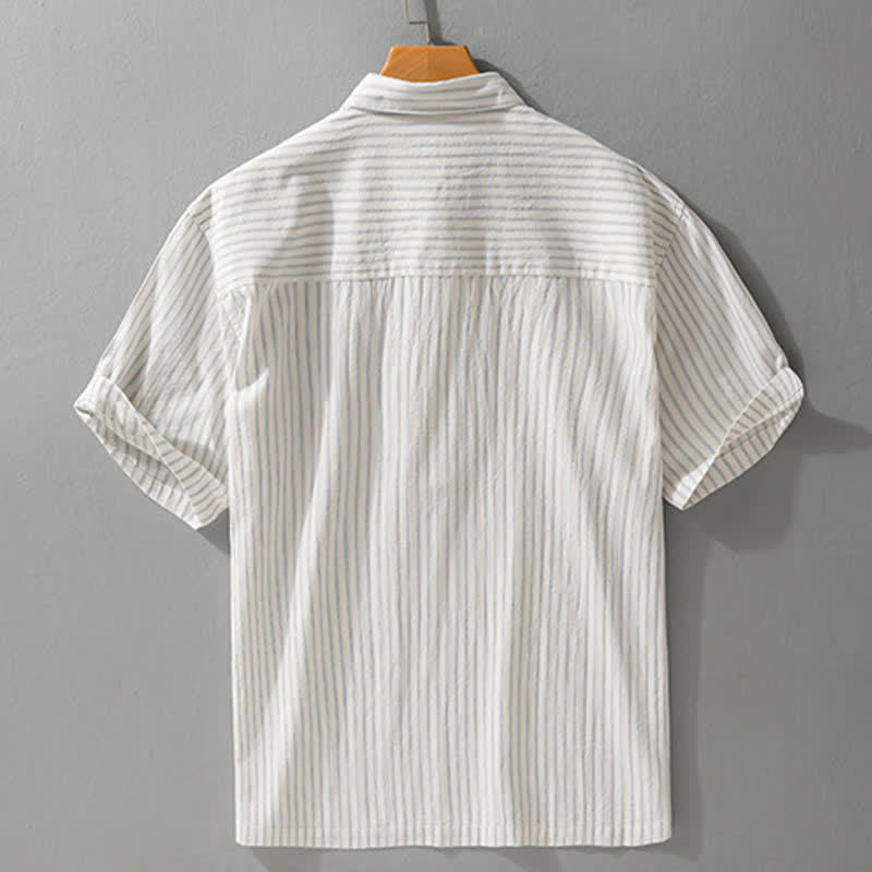 Buddha Stones Summer Casual Minimalist Half Button Striped Cotton Men's Short Sleeve Shirts
