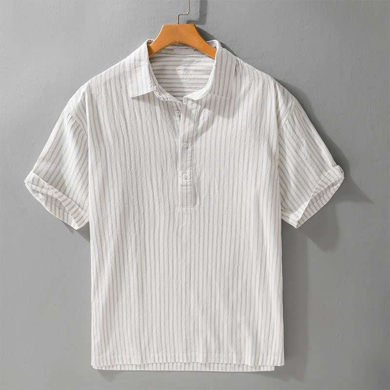 Buddha Stones Summer Casual Minimalist Half Button Striped Cotton Men's Short Sleeve Shirts