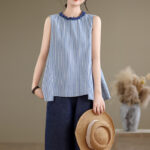 Buddha Stones Summer Casual Elegant Side Slit Striped Crew Neck Tank Top Women's Sleeveless Shirts