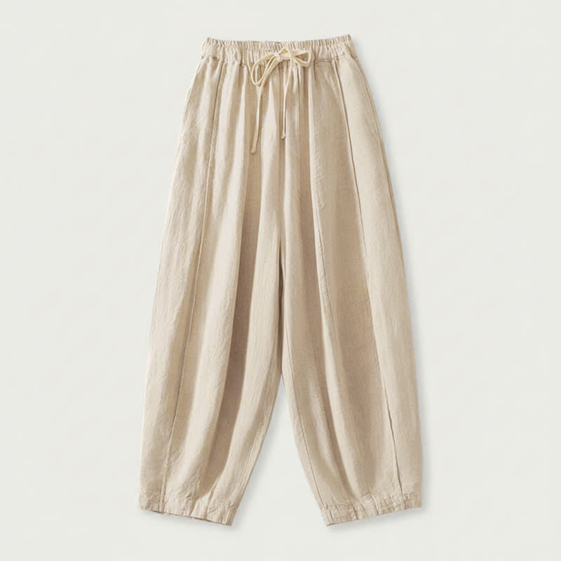 Buddha Stones Summer Casual Simple Drawstring Solid Cotton Linen Cropped Pants Women's Harem Pants With Pocket
